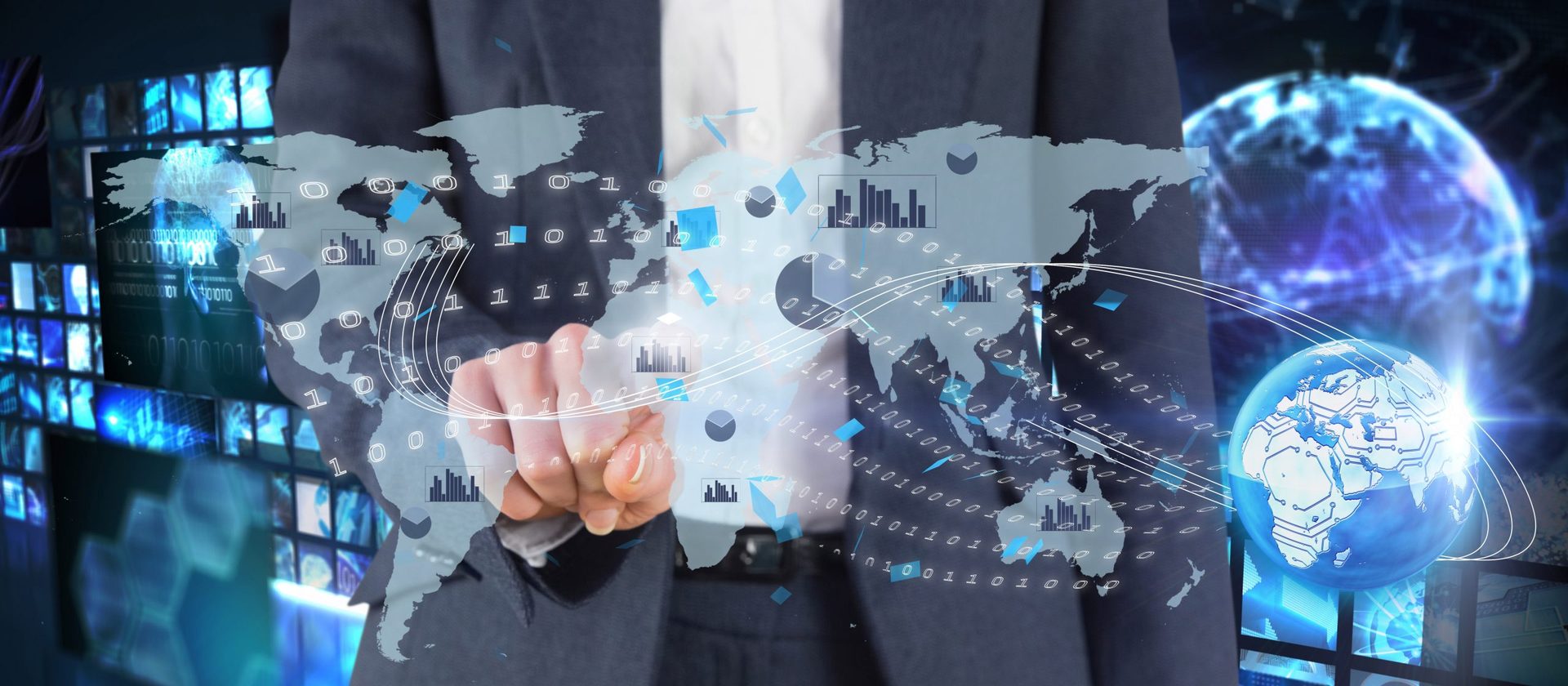 Executive interacting with a digital world map